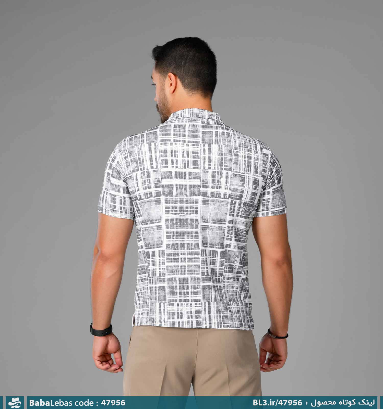 تیشرت نخ پنبه نیم زیپ یقه دار مردانه طوسی چهارخونه مدل 47956 - تصویر 2