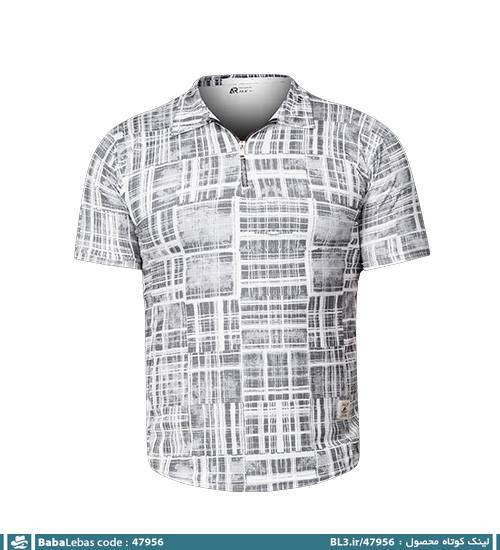 تیشرت نخ پنبه نیم زیپ یقه دار مردانه طوسی چهارخونه مدل 47956 - تصویر 4