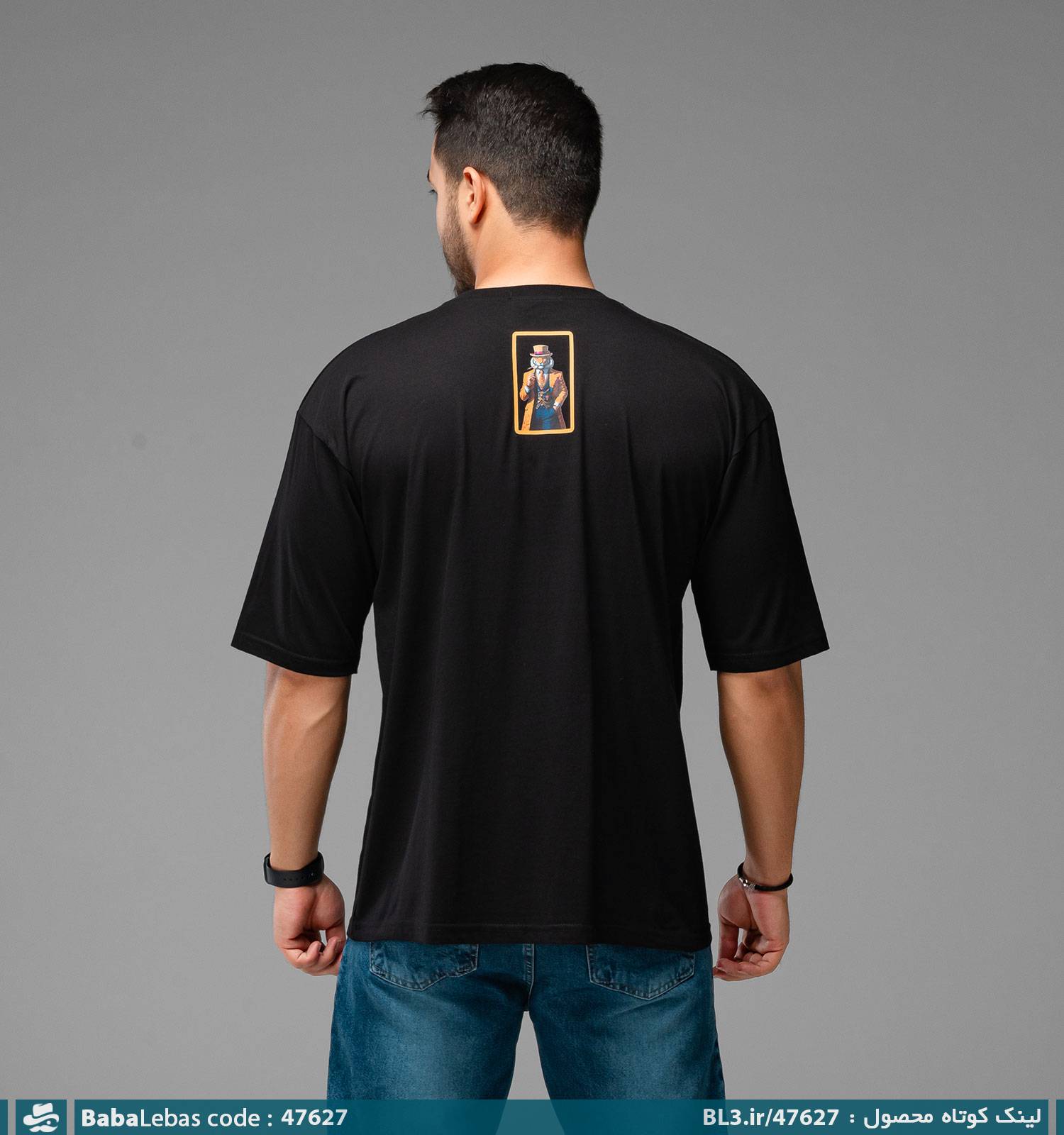 تیشرت لش باکسی مچینست نخ پنبه یقه گرد مشکی طرح دار مدل 47627 - تصویر 2